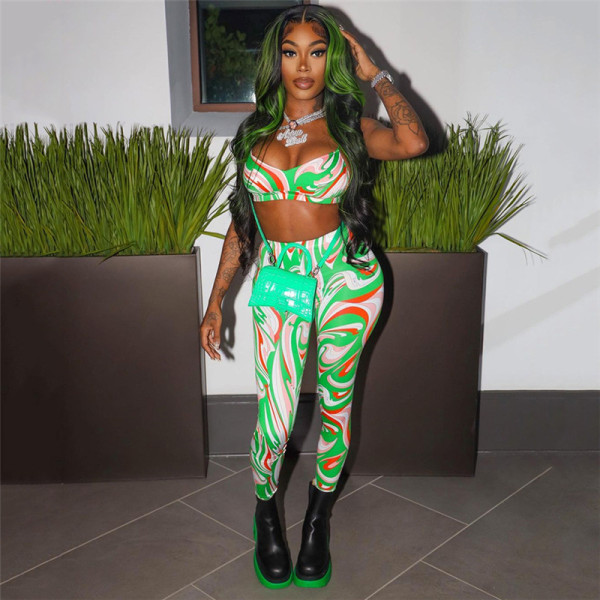 Autumn women's new sexy low-cut print camisole high-waist trousers sports fitness suit