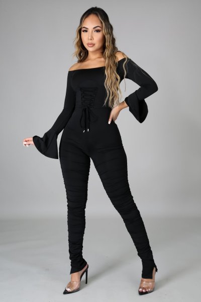 Women's new style horn-sleeved corn-eyes strappy wrinkled slit jumpsuit