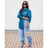 Blue lapel long-sleeved temperament commuter single-breasted cardigan plus size blouse