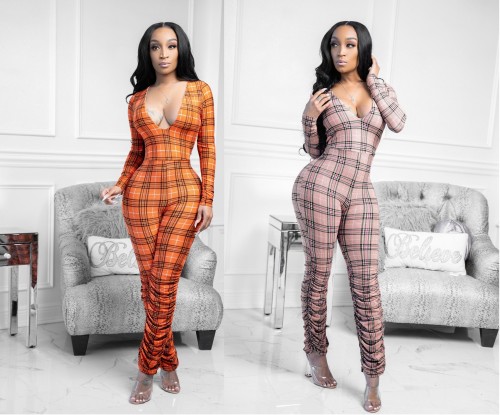New V-neck plaid invisible zipper wrinkle jumpsuit