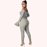 Women's new style horn-sleeved corn-eyes strappy wrinkled slit jumpsuit