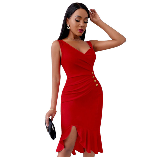 New sexy slanted collar pleated button crow's feet dress