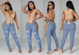 New style eyelet straps elastic wear sexy denim trousers