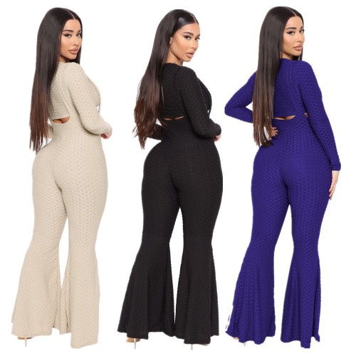 New yoga high elastic jacquard sling flared pants suit