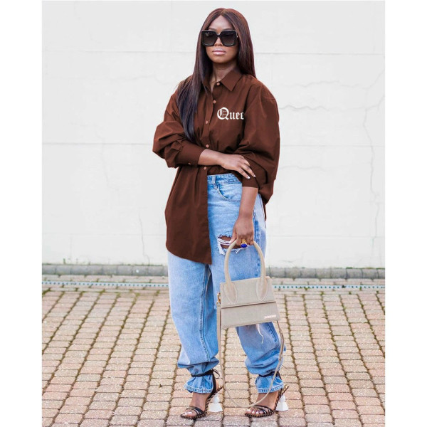 Blue lapel long-sleeved temperament commuter single-breasted cardigan plus size blouse