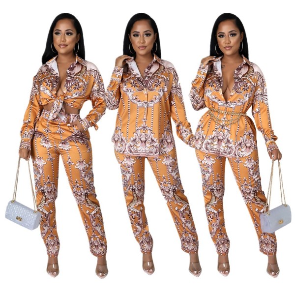 Women's autumn and winter new style printed shirt pants with zipper two-piece suit