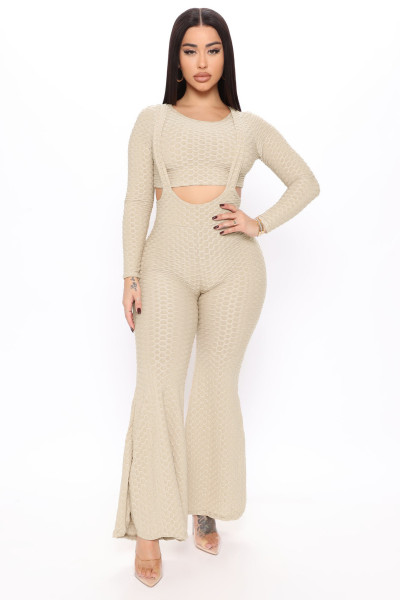 New yoga high elastic jacquard sling flared pants suit