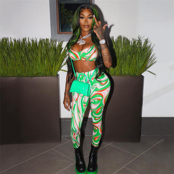 Autumn women's new sexy low-cut print camisole high-waist trousers sports fitness suit