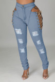New style eyelet straps elastic wear sexy denim trousers
