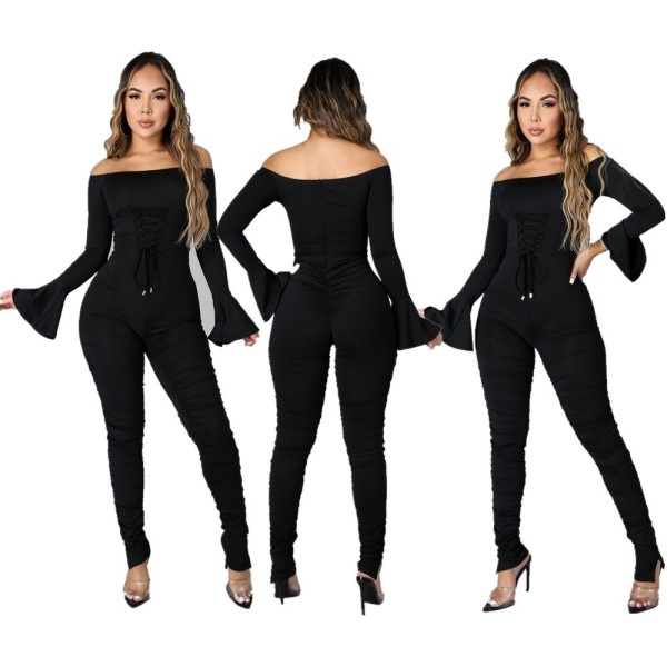 Women's new style horn-sleeved corn-eyes strappy wrinkled slit jumpsuit