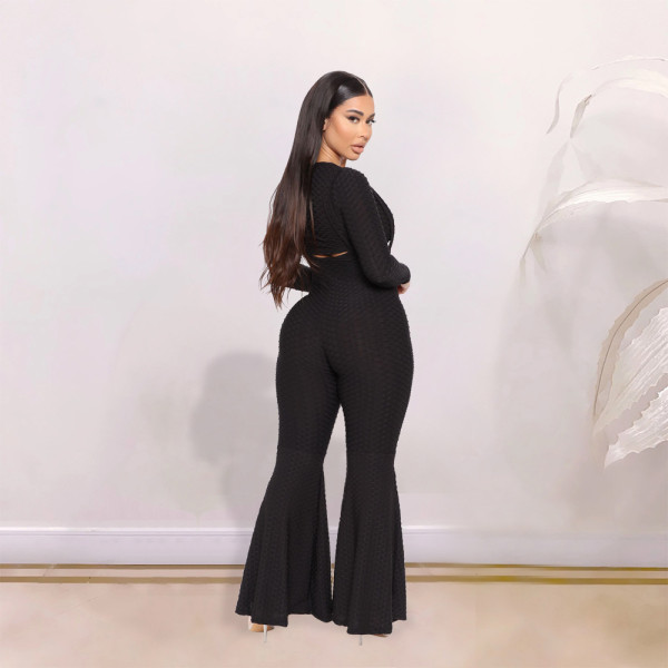 New yoga high elastic jacquard sling flared pants suit