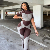 New style print hit color casual sports short-sleeved slim-fit jumpsuit trousers women