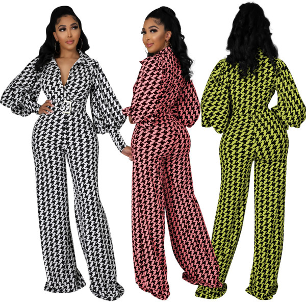 New printed lantern puff sleeve wide-leg jumpsuit (including belt)