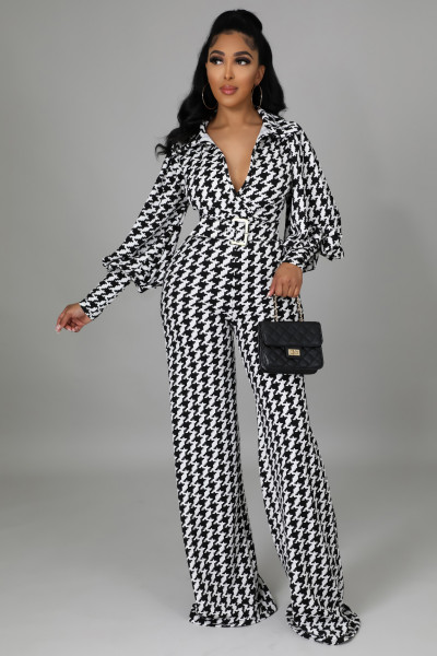 New printed lantern puff sleeve wide-leg jumpsuit (including belt)