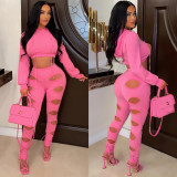 Solid color pants hollow sexy two-piece suit