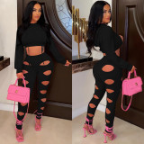 Solid color pants hollow sexy two-piece suit
