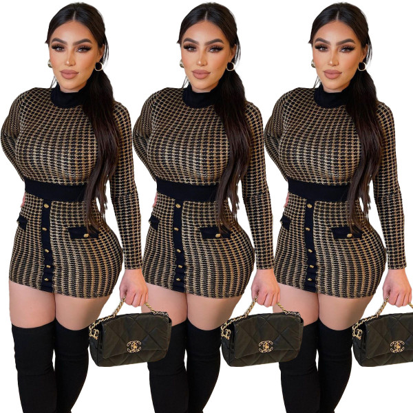 Women's Sexy Button Houndstooth Gold Jacquard Long Sleeve Mini Slim Dress
