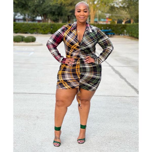 Fashion pleated plaid print shirt collar skirt