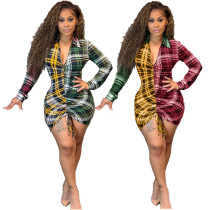 Fashion pleated plaid print shirt collar skirt