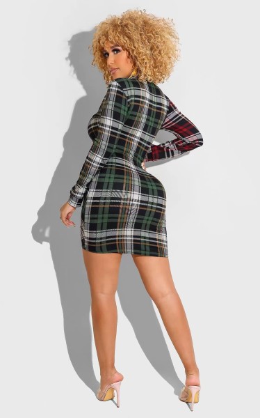 Fashion pleated plaid print shirt collar skirt