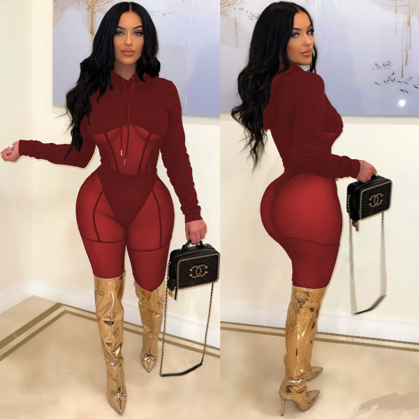 New product brushed fabric spliced mesh trousers suit