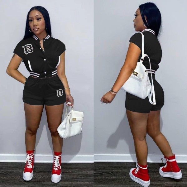 Hot Fashion Snap Button Threaded Letter Printing Baseball Short Suit