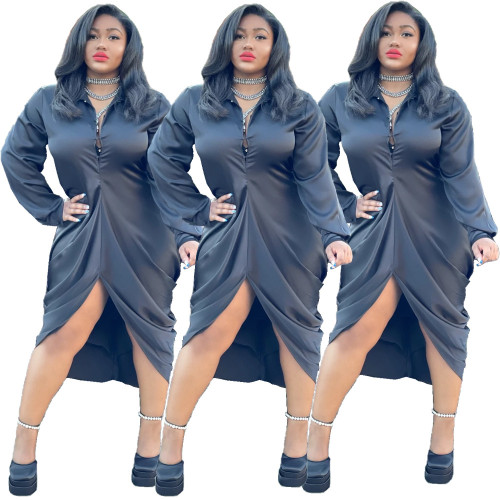 Pearl button pleated shirt collar dress