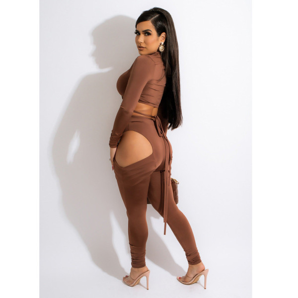 New product women's double-sided brushed fabric, top and tie, bottom pleated hollow suit