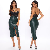 New Slim Front Split Skirt Leather Skirt