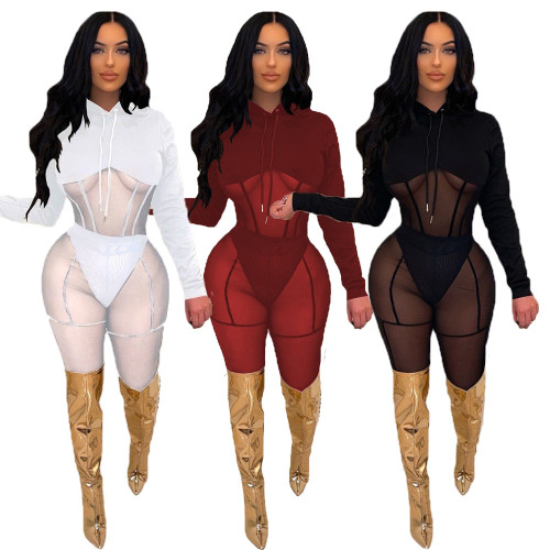 New product brushed fabric spliced mesh trousers suit