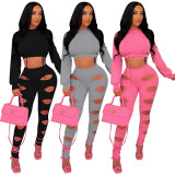Solid color pants hollow sexy two-piece suit