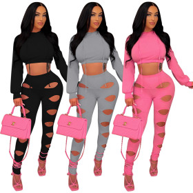 Solid color pants hollow sexy two-piece suit
