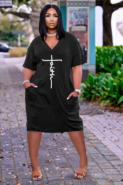 Women's Fashion Sexy Loose Letter Print V-Neck Casual Dress With Pockets
