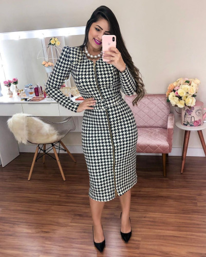 New Women's Round Neck Puff Sleeve Dress with Belt