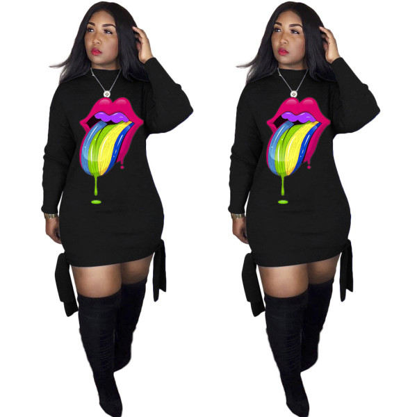 Women's Digital Printed Colorful Tongue-Head Band Long Sleeve Dress