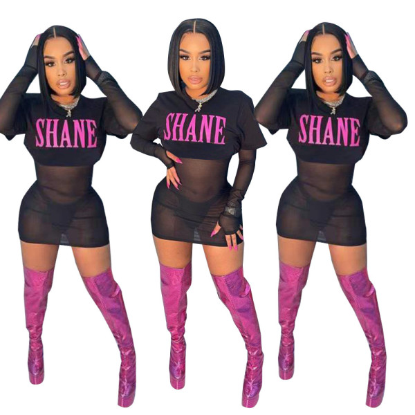 Women's Fashion Letter Print Short Sleeve Two Piece Mesh Dress