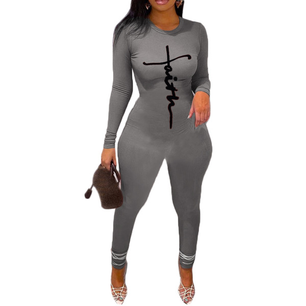 Pit striped solid color letter jumpsuit
