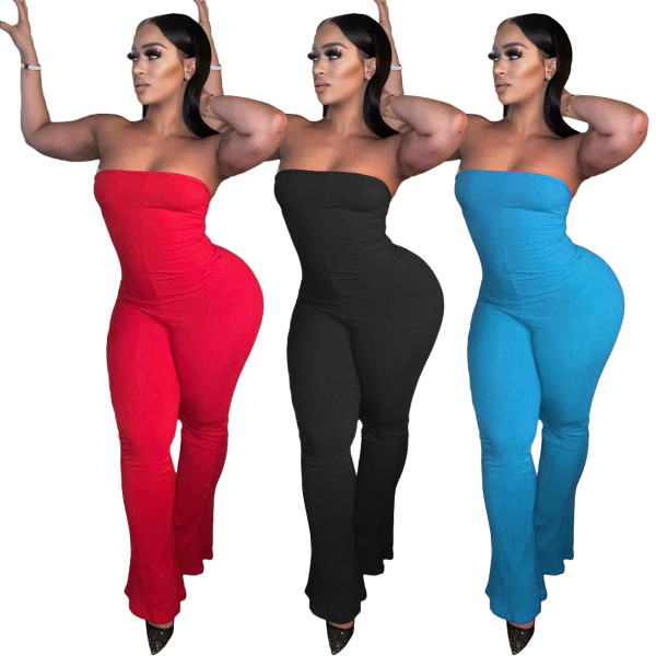 Sexy solid color tube top back hollow strap pit strip ladies one-piece flared pants