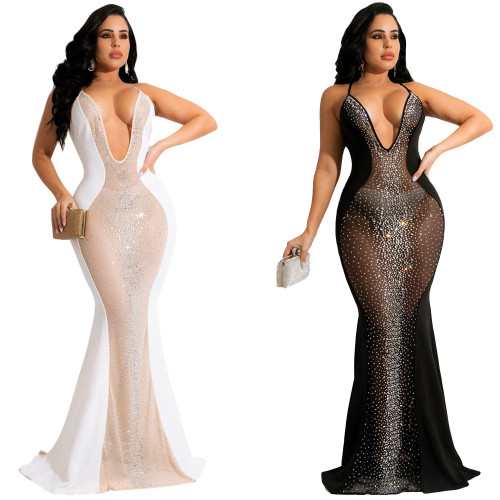 Sexy Deep V Hot Drill Mesh Dress Nightclub Dress