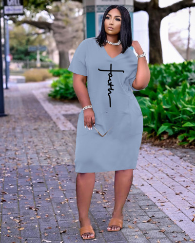 Women's Fashion Sexy Loose Letter Print V-Neck Casual Dress With Pockets