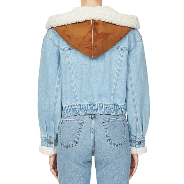 Winter new denim stitching hooded lamb wool coat new single-breasted personality short trend women's clothing