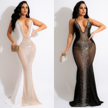 Sexy Deep V Hot Drill Mesh Dress Nightclub Dress