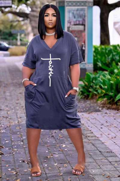Women's Fashion Sexy Loose Letter Print V-Neck Casual Dress With Pockets