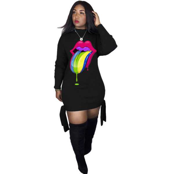 Women's Digital Printed Colorful Tongue-Head Band Long Sleeve Dress