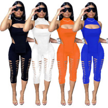 Women's spring 2022 sexy temperament solid color sleeveless hollow two-piece suit Women's spring 2022 sexy temperament solid color sleeveless hollow two-piece suit