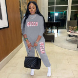 Women's Alphabet Print Sweater Pull Rack Casual Sports Suit (with Pockets)