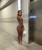 New women's sexy tight-fitting V-neck pleated solid color long-sleeved jumpsuit one-piece pants