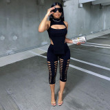 Women's spring 2022 sexy temperament solid color sleeveless hollow two-piece suit