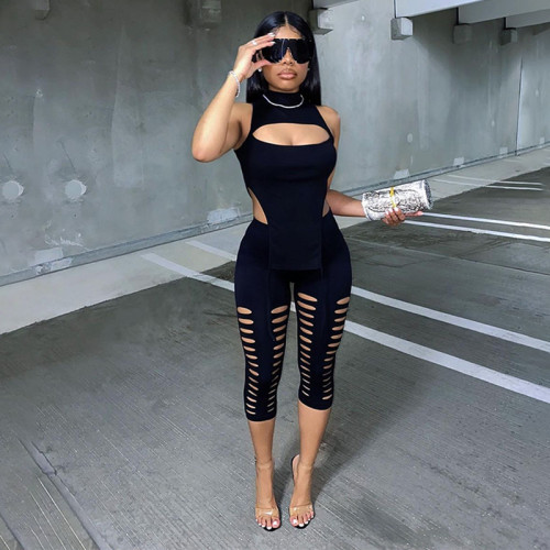 Women's spring 2022 sexy temperament solid color sleeveless hollow two-piece suit