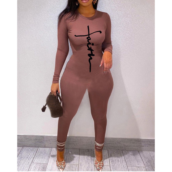 Pit striped solid color letter jumpsuit